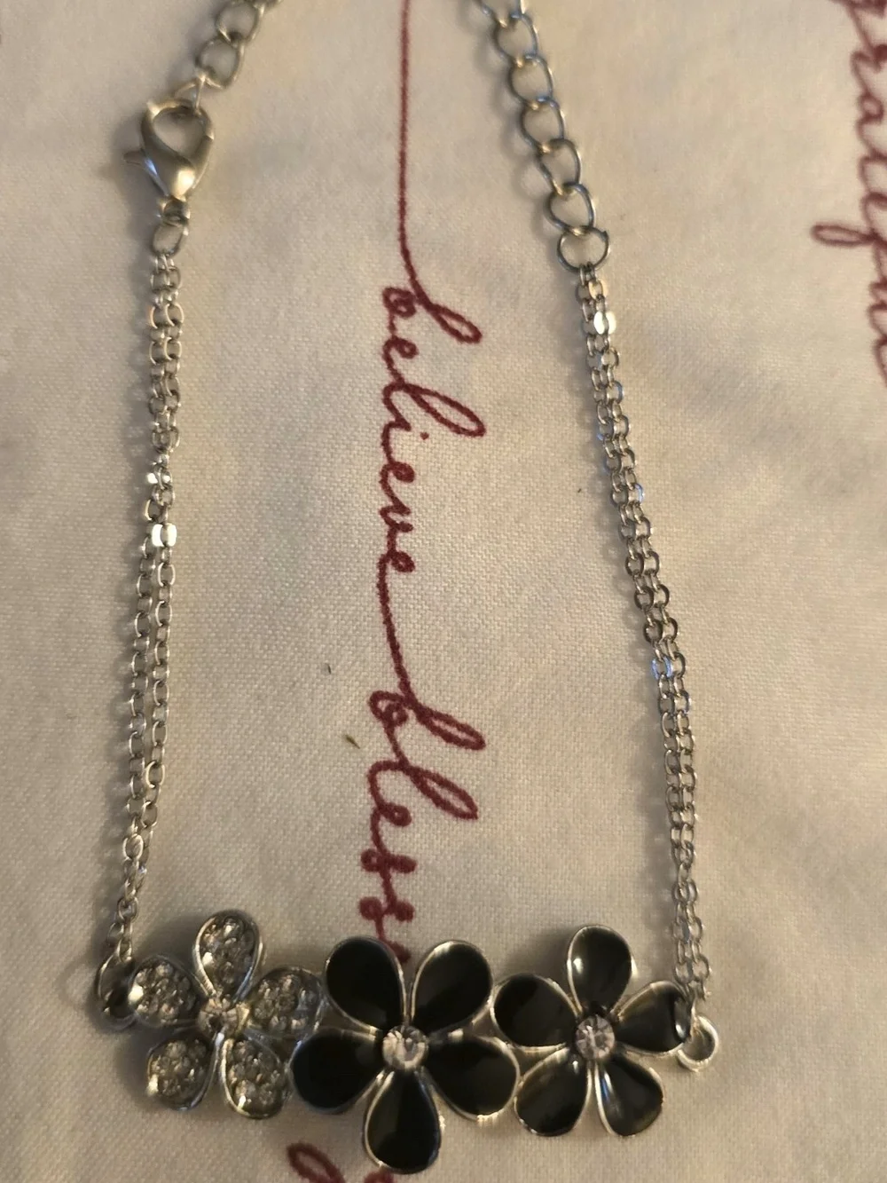 Black Beaded Women's Necklace And Black Flower Mini Bracelet Set-NEW!